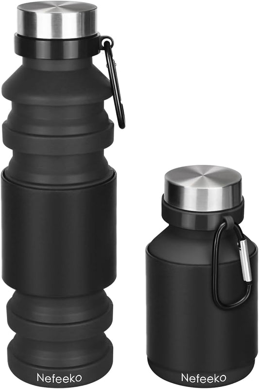Nefeeko Collapsible Water Bottle, Reuseable BPA Free Silicone Foldable Water Bottles for Travel Gym Camping Hiking, Portable Leak Proof Sports Water Bottle with Carabiner