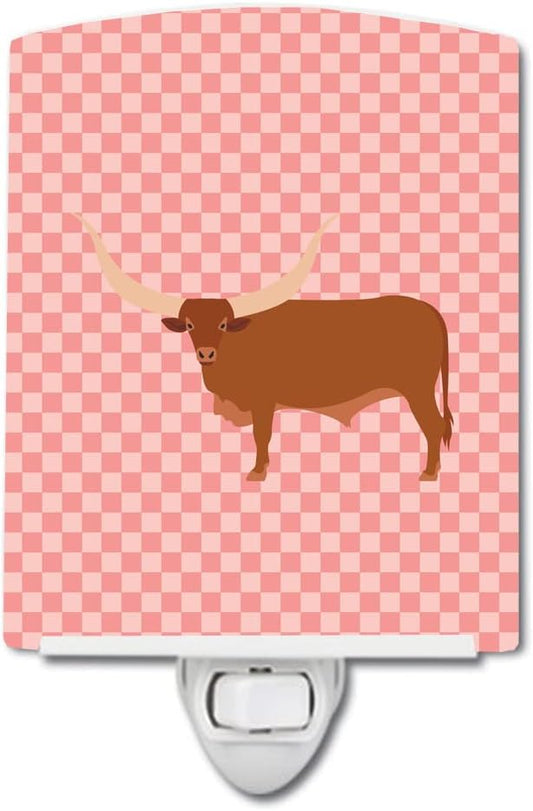 Caroline's Treasures BB7823CNL Ankole-Watusu Cow Pink Check Ceramic Night Light Compact, UL-Certified, Ideal for Bedroom, Bathroom, Nursery, Hallway, Kitchen, 6x4x3, Multicolor