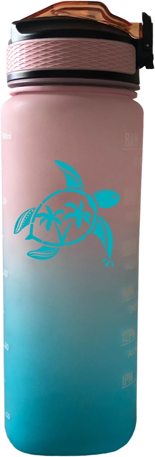 Sea Turtle Water Bottle with Straw, Carry Strap, LeakProof, Tritan BPA Free, 32 Oz Motivational Water Bottle with Time Marker to Ensure You Drink Enough Water for Gym Fitness Outdoor