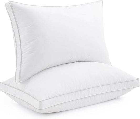 puredown® Feather Pillows with 100% Cotton Cover, Set of 2 Gusseted Bed Pillows with Silver Piping for Sleeping, King Size