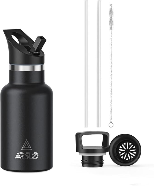 Stainless Steel Double Wall Water Bottles 12oz, Vacuum Insulated Bottle With Straw Lid, Insulated Water Bottle Keeps Water Cold for 24 Hours, Hot for 12 Hours, Hiking, Sports