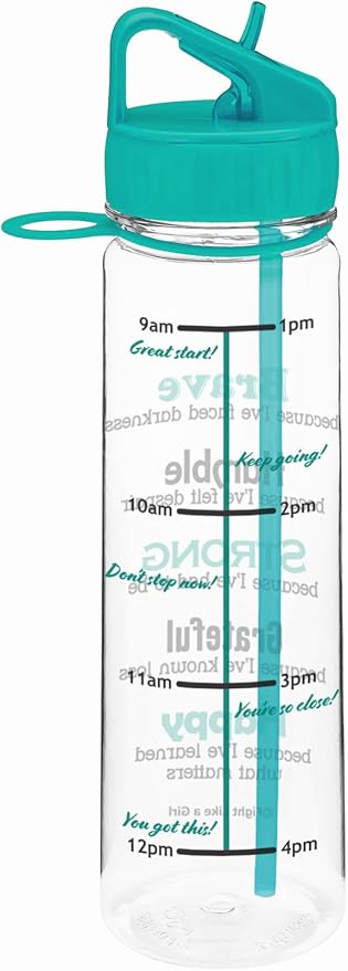 Fight Like a Girl Brave SlimKim 30 oz Motivational Water Bottle with Time Marker & Straw for Ovarian Cancer, PCOS, PTSD Awareness - Reusable Clear Water Bottle for Workout, Gym, Travel - Teal