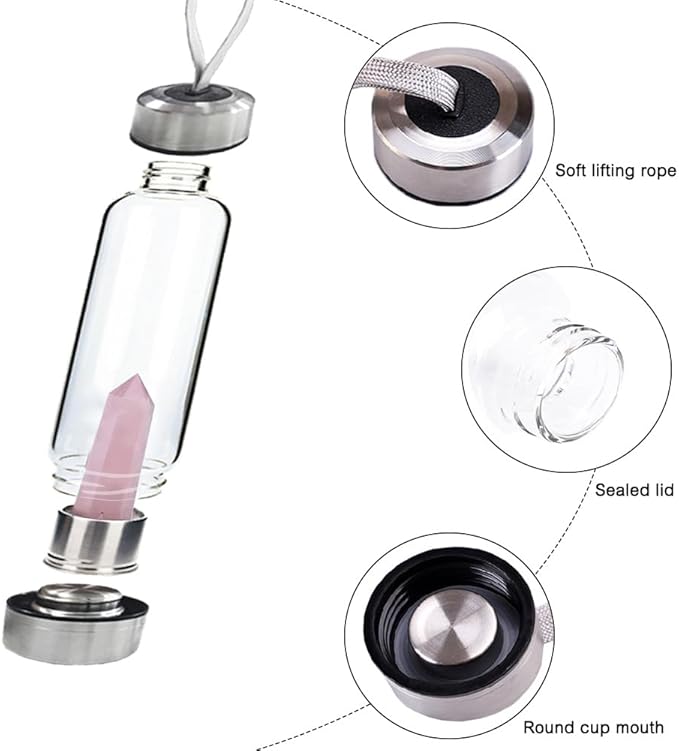 Crystal Glass Water Bottle,Water Bottle With Gemstone Center Crystal Elixir Bottle,Removable Gemstones Creative Water Cup Crystal Column Magic Wand Energy Cup for Gifts (O-Powder)