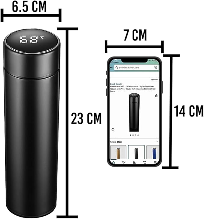 Water Bottle with LED Temperature Display Double Walled Vacuum Insulated Water Bottle Stainless Steel Automotive Travel Bottle BPA-free Leak Proof Keep Cold/Warm For 12H, Black, SMB0001