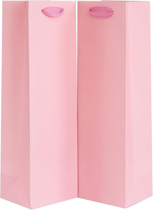 KEYYOOMY Wine Gift Bags - 10 Pack Pink Kraft Paper Wine Bottle Gift Bags with Handles for Wedding Birthday Housewarming Christmas Party Supplies(10CT, 13.8x4.3x3.5 IN, Pink)