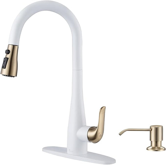 Kitchen Faucet with Soap Dispenser and Pull Down Sprayer - Stainless Steel Single Handle Kitchen Sink Faucet, 1 or 3 Hole Design for Modern Farmhouse Kitchens, Rv, and Bar Sinks (Whit and Gold)