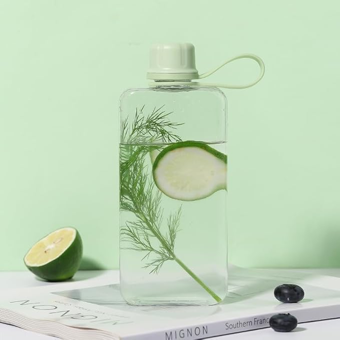 Tritan Transparent Flat Water Bottle samll Water Bottle Slim Square Pocket Bottle Water Flask, BPA Free/Slim Design/Leak Proof Water Bottle for Travel, Outdoor, Sports (Matcha Green, 400ML)