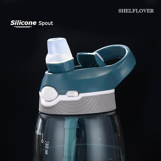 SHELFLOVER Dark Cyan Water Bottle With Narrow Straw, BPA FREE Clear Bottles With Handle One Hand Use Easy Carried, Flip Up, Suit School, Office, Gym, Office For Men, 32oz (1000ml)