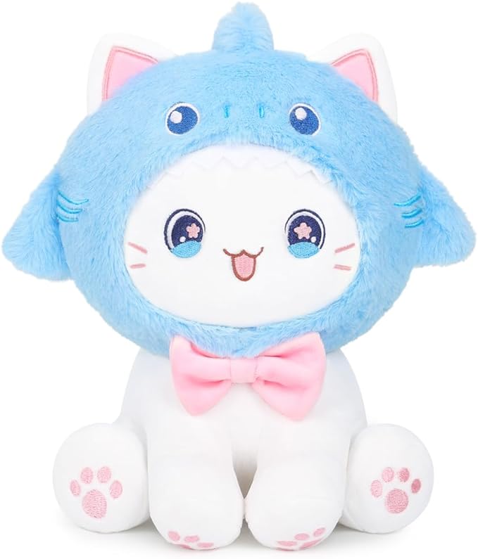 Cute Shark Cat Plush Toy 10" Kawaii Kitten Stuffed Animal, Cat Shark Plushie Pillow Gift for Kids