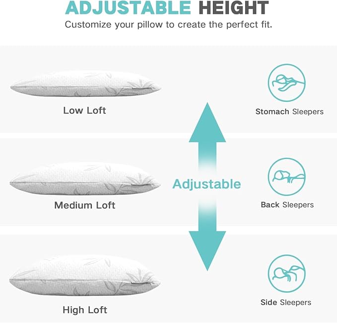 JJDANFILL Rayon Derived from Bamboo Pillow Standard Size Set of 2 - Machine Washable Bed Pillows for Sleeping for Back, Stomach and Side Sleeper - Firm Shredded Memory Foam Pillows 20 * 26in