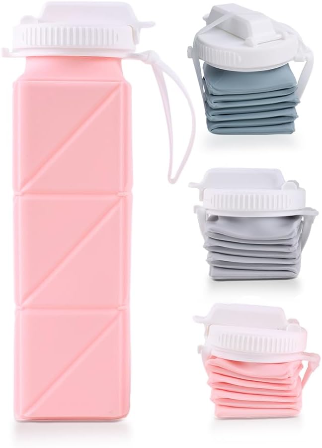 620ml Silicone Foldable Water Bottle with Straw Lid - Lightweight, Reusable, & Leakproof for Travel, Camping, Hiking, & Sports (PINK)