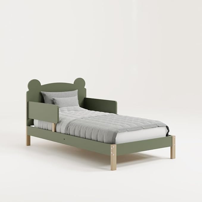 Storkcraft Teddy Bear Toddler Bed (Olive with Driftwood) - GREENGUARD Gold Certified, includes Toddler Safety Guardrails, Fits Standard Crib & Toddler Mattress, Stylish 2-Tone Design