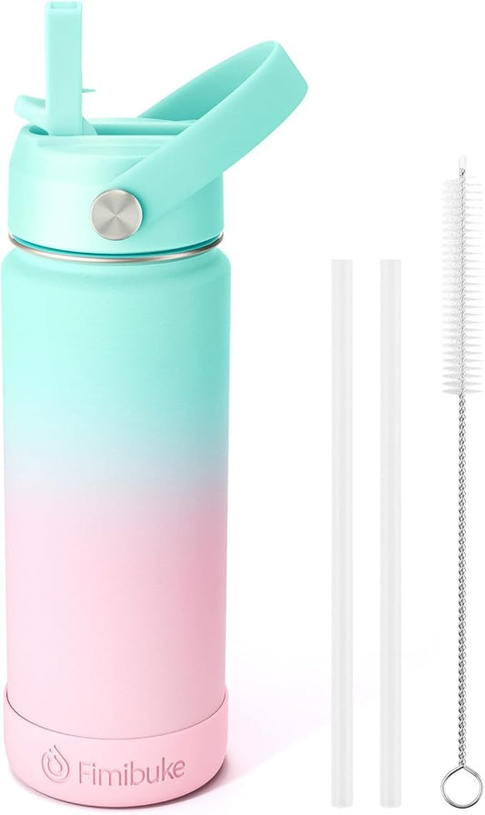 Fimibuke Kids Insulated Water Bottle - 18oz BPA-FREE 18/8 Stainless Steel Kid Cup with Straw Travel Tumbler Leak Proof Double Wall Vacuum Toddler Water Bottle for School Boys Girls (1 Pack,Bubble Gum)