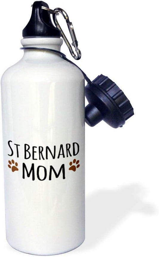 3dRose "St Bernard Dog Mom-Saint Doggie by breed-brown muddy paw prints-doggy lover-pet owner love" Sports Water Bottle, 21 oz, White