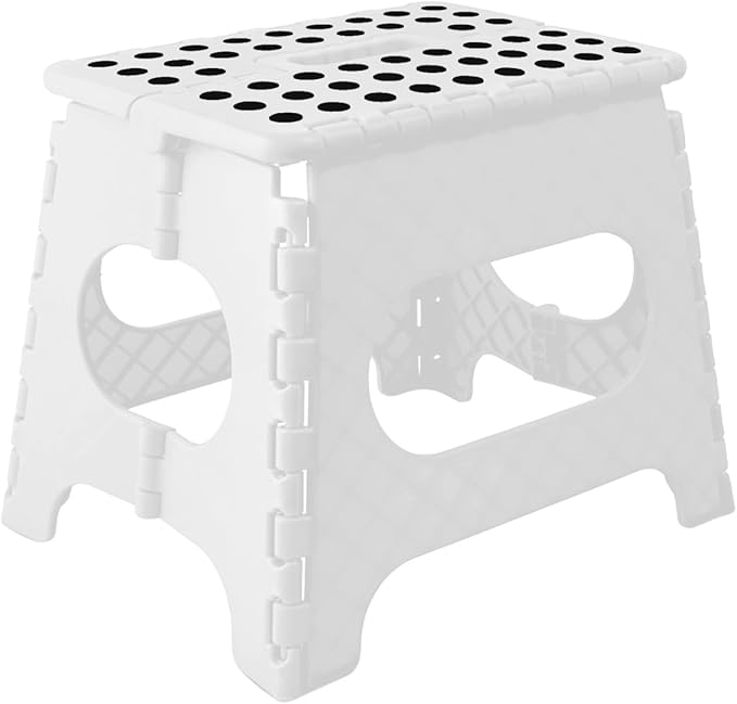 Compact 11" Folding Step Stool - Lightweight, Durable & Sturdy - Non-Slip Feet for Safety - Perfect for Kitchen, Bathroom, Kids - Supports Up to 300 Lbs - White - Easy to Store and Use