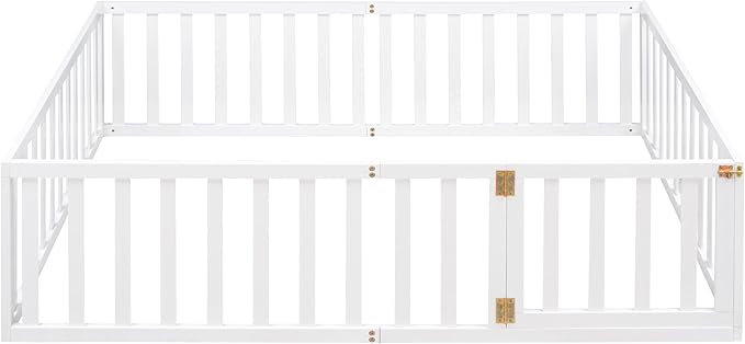 Full Size Floor Bed with Fence, Solid Wood Floor BedFrame for Kids with Door, Twin Platform Bed for Boys and Girls Kids Teens, Fun Design, for Children Bedroom