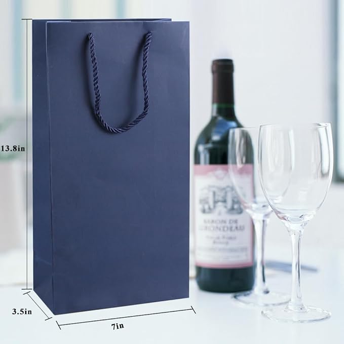 Prembag Wine Bag for Double Wine Bottles,Navy Blue Double Wine Gift Bags, 7"x 3.5"x13.8" Whiskey/Liquor Wine Bottle Bags For Gifts, 2 Bottle Wine Bags with Rope Handles,4 Pcs