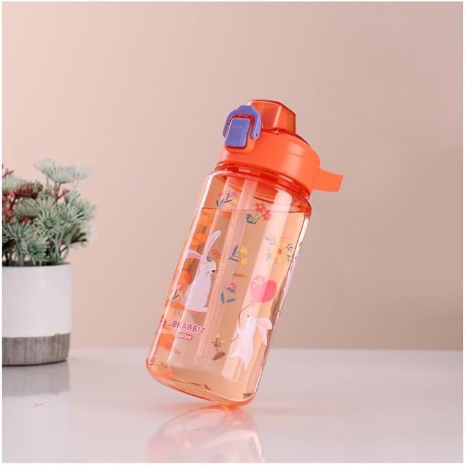 Kids Boys & Girls School and outdoor Water Bottle with silicone straw and Spill-Proof Lid (Rabbits & Flowers), GY2380