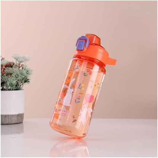 Kids Boys & Girls School and outdoor Water Bottle with silicone straw and Spill-Proof Lid (Rabbits & Flowers), GY2380