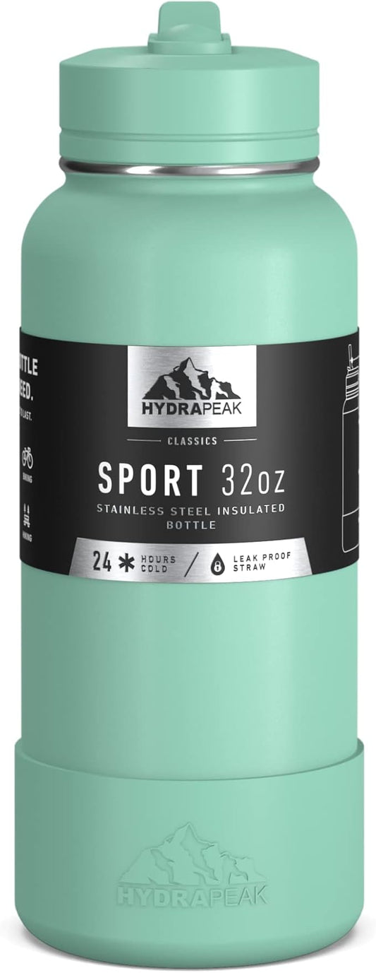 Hydrapeak 32oz Sport Insulated Water Bottle with Straw or Chug Lid, Leak & Spill Proof, Keeps Drinks Cold for 24 Hours, Hot for 12 Hours, Premium Stainless Steel Water Bottles (32oz, Pale Sage)