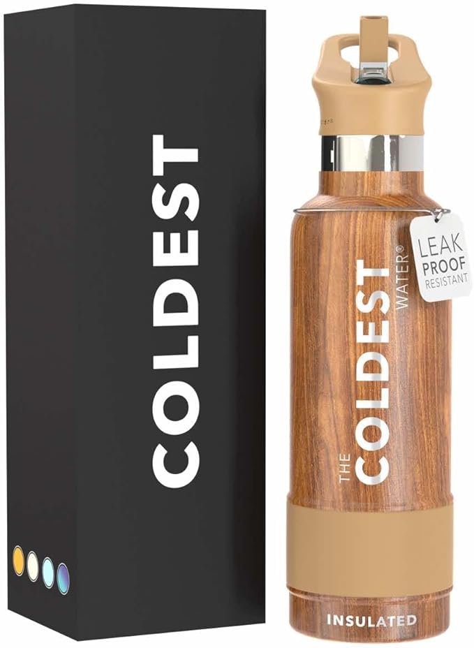 Coldest Water Bottle with Standard Mouth Straw Lid Metal Thermos Vacuum Insulated Stainless Steel l Reusable Leak Proof Cupholder Flask (21 oz, Executive Wood)