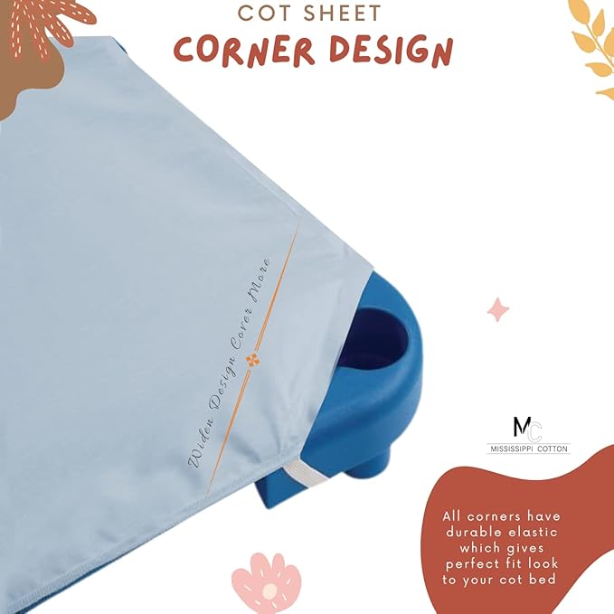 Pack of 6 Cot Sheet for Daycare Preschool Cot Bed -Polyblend Fabric with Corner Elastic Cots Sheets Fits On 22" X 52" Inches Size Toddler and Preschool Daycare Cot Light Blue 22 X 52 Size