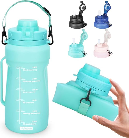 Nefeeko Collapsible Water Bottles, 1.5L Reusable Collapsible Water Bottle for Travel Leakproof, BPA Free Foldable Silicone Water Bottles with Straw for Traveling Sport Gym Camping Hiking