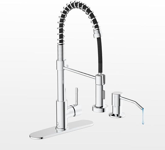 Kitchen Faucet,Chrome Kitchen Faucet with Soap Dispenser and Deck Plate,Faucet for Camper Farmhouse RV Kitchen Sink,Single Handle Stainless Steel Kitchen Sink Faucets with Pull Down Sprayer