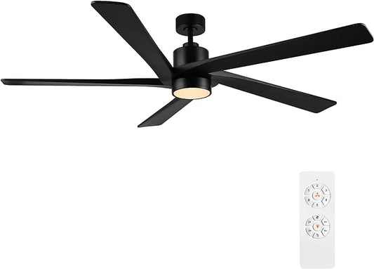 WINGBO 54" DC Ceiling Fan with Lights, 5 Carved Solid Wood Blades, 6-Speed Reversible DC Motor, Matte Black Finish Ceiling Fan with Remote, Black