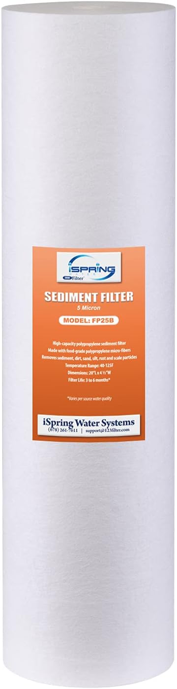 iSpring FP25B High Capacity 20” x 4.5” Water Replacement Cartridge Fine Sediment Filter, 5 Micron, 1 Piece, White