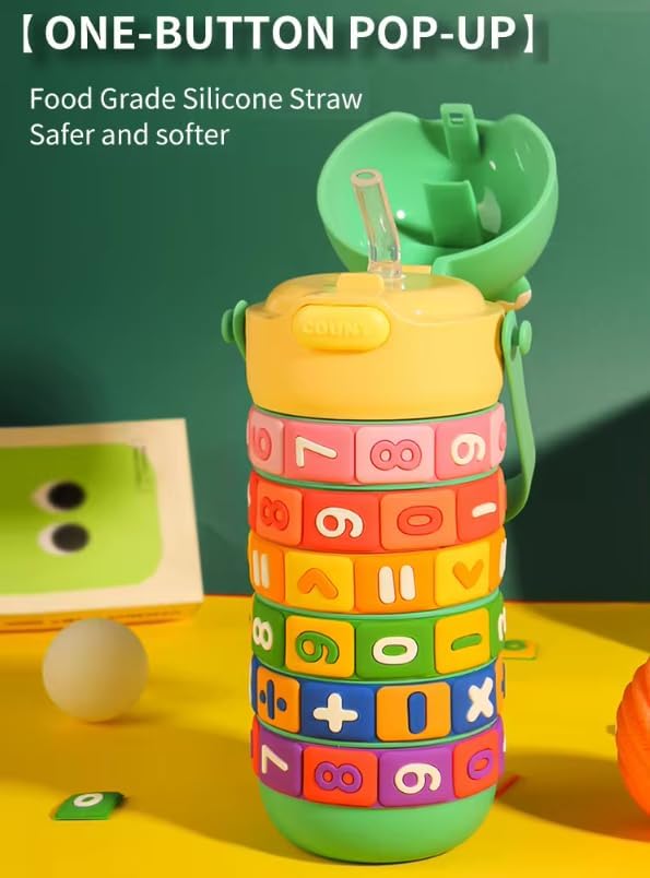 Numbers and Maths Symbols Design Kids' Water Bottle with Straw for School or Travel; 15oz (430ml) Stainless Steel Vacuum Insulated; Portable Handle with Detachable Buckle (Green), CZMX-30031
