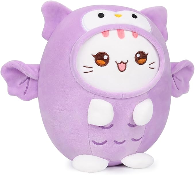 Cute Plush Owl Cat Stuffed Animal Pillow, 8" Soft Kawaii Kitten Plushie with Purple Owl Outfit Gift for Kids