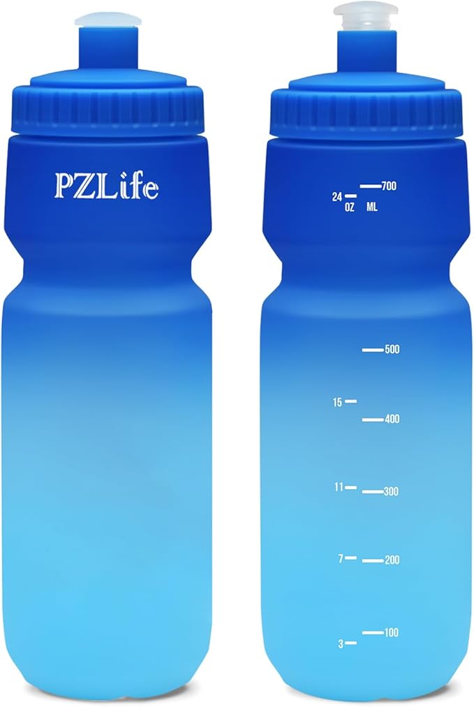BPA Free Bike Water Bottles, 24 oz Cycling Squeeze Water Bottle - Easy Squeeze, w/Pull Top Lid, Leak Proof Sport Water Bottle with Capacity Scale, for Cycling, Gym