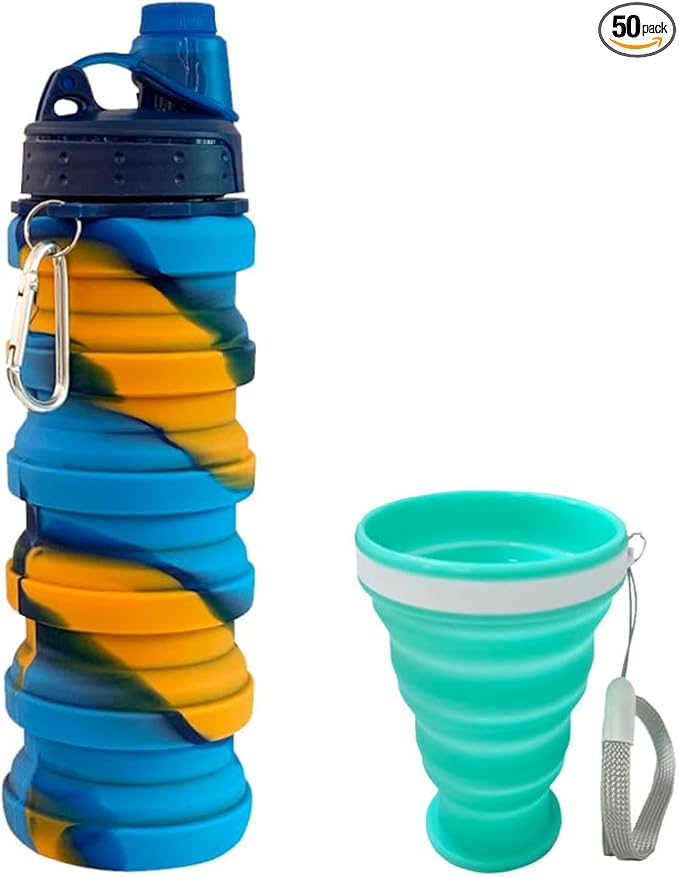Collapsible Water Bottles 500 ml with silicone collapsible cup 200 ml.Travel Water Bottle Portable Reusable BPA Free Silicone Water Bottles. (Yellow Camouflage+Green)