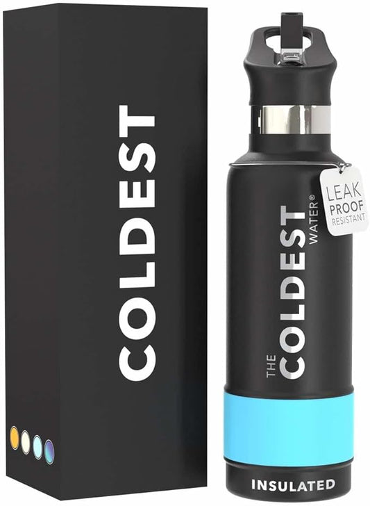 Coldest Water Bottle with Standard Mouth Straw Lid Metal Thermos Vacuum Insulated Stainless Steel l Reusable Leak Proof Cupholder Flask (21 oz, Matte Black)