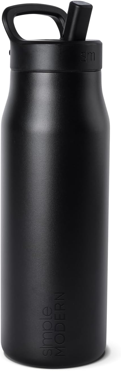 Simple Modern Water Bottle with Push Button Straw Lid | Ceramic-Lined Insulated Stainless Steel | Travel Water Bottles for Gym & Sports | Leak Proof | Mesa Signature Collection | 34oz, Midnight Black