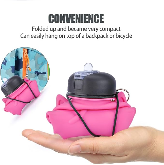 Collapsible Silicone cat Water Bottle with Carabiner |500ml(16.9 oz) | for Girls in the School, Hiking, Backpacking, Camping, Work out Sports | BPA Free(kawaii & cute Rose red cat)