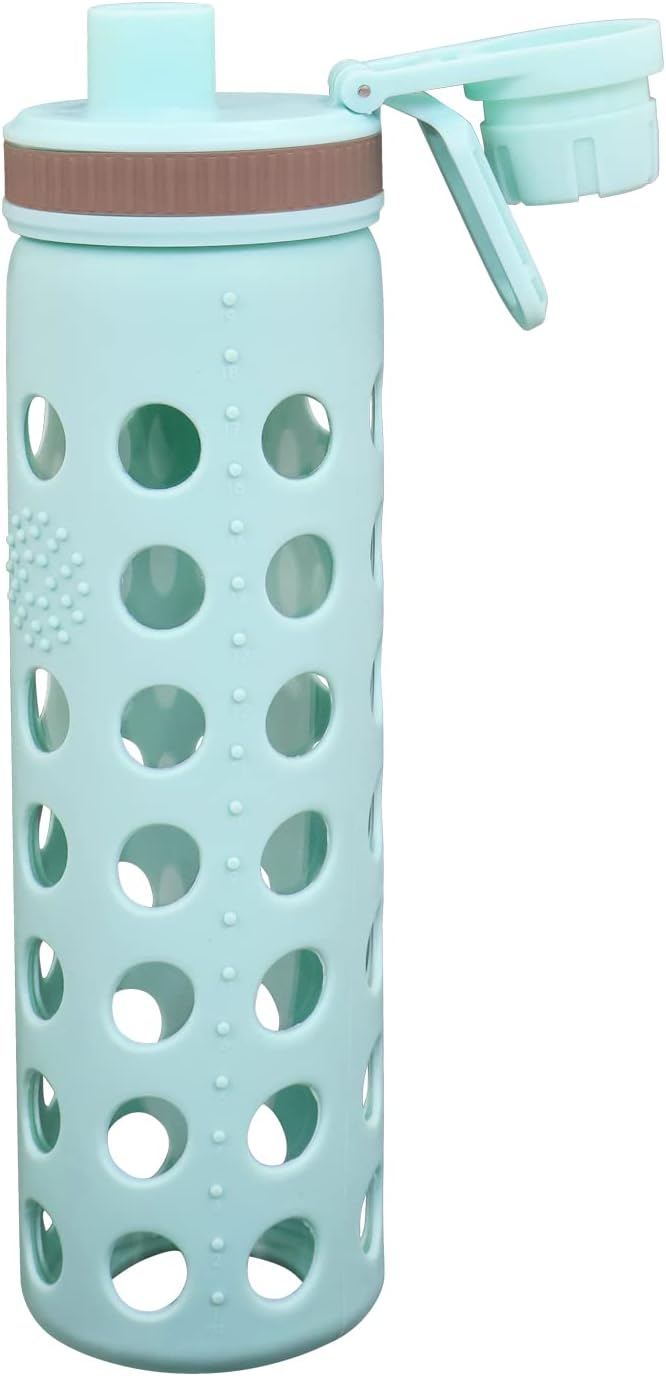 Modern-Depo 20oz Clear Glass Water Bottles Extra Lid Odor Proof and Stain Resistant Wide Mouth Reusable Fitness Sports Bottle with Sleeve, Motivational Water Jug, Blue