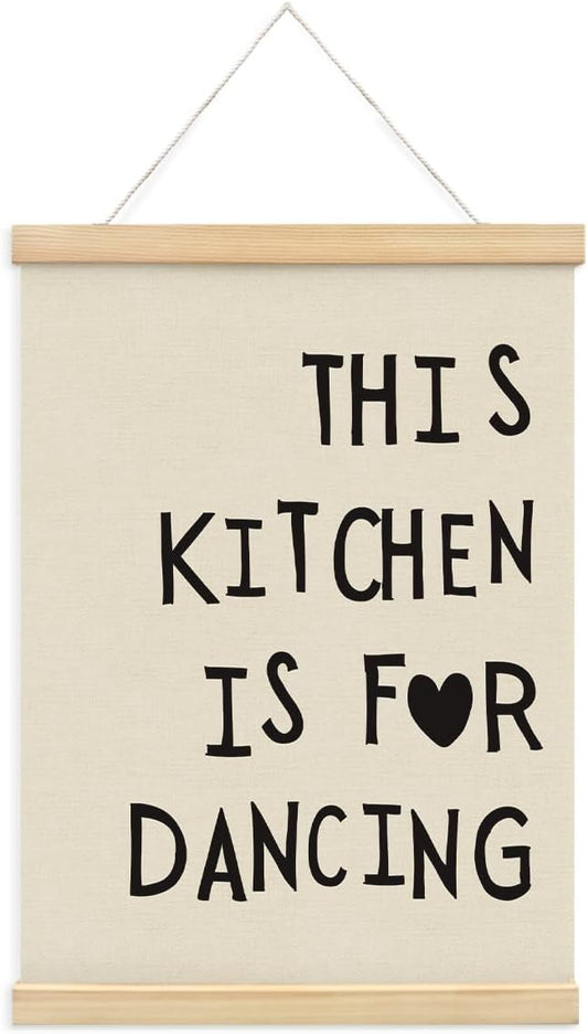 BIWSHA Cute Kitchen Canvas Poster Framed Hanger 12x16 Inch, Funny Black Kitchen Quotes Decor This Kitchen Is For Dancing Poster Framed with Wood Hanger，Kitchen Dining Room Decor