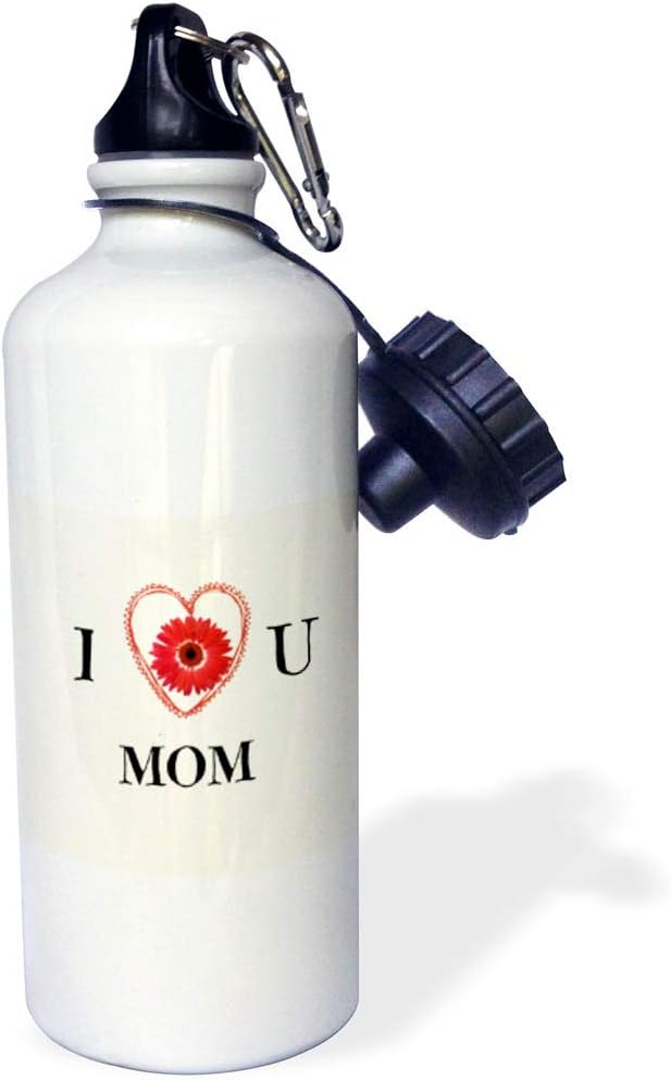 3dRose love u mom. Flower, heart, beige. Saying. -Sports Water Bottle, 21oz , 21 oz, Multicolor