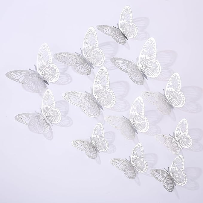 3D Butterfly Wall Decor 48 Pcs 4 Colors 3 Sizes,Gold Silver Laser Rose Butterfly Decorations for Butterfly Birthday Decorations Butterfly Party Decorations Cake Decorations,Removable Sticker (Style-G)