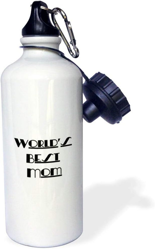 3dRose "Worlds Best Mom Black Typography" Sports Water Bottle, 21 oz, White