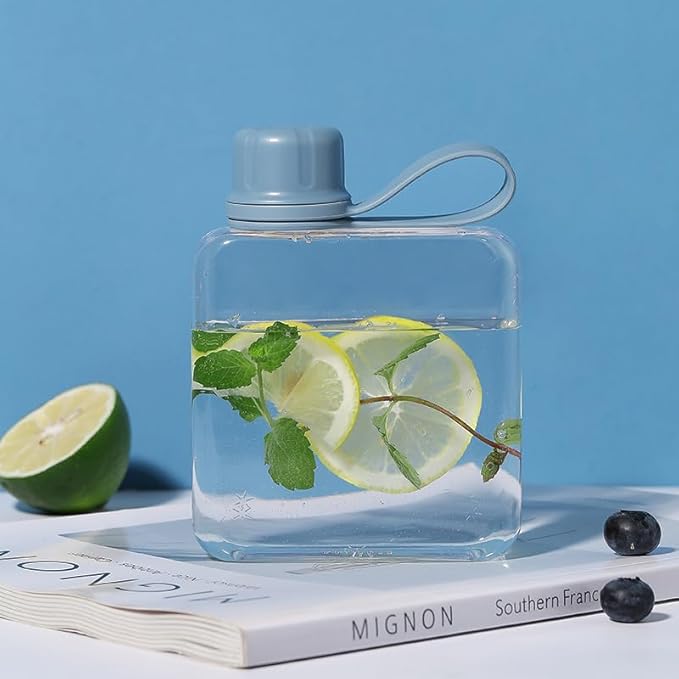 Tritan Transparent Flat Water Bottle samll Water Bottle Slim Square Pocket Bottle Water Flask, BPA Free/Slim Design/Leak Proof Water Bottle for Travel, Outdoor, Sports (Light Blue, 320ML)