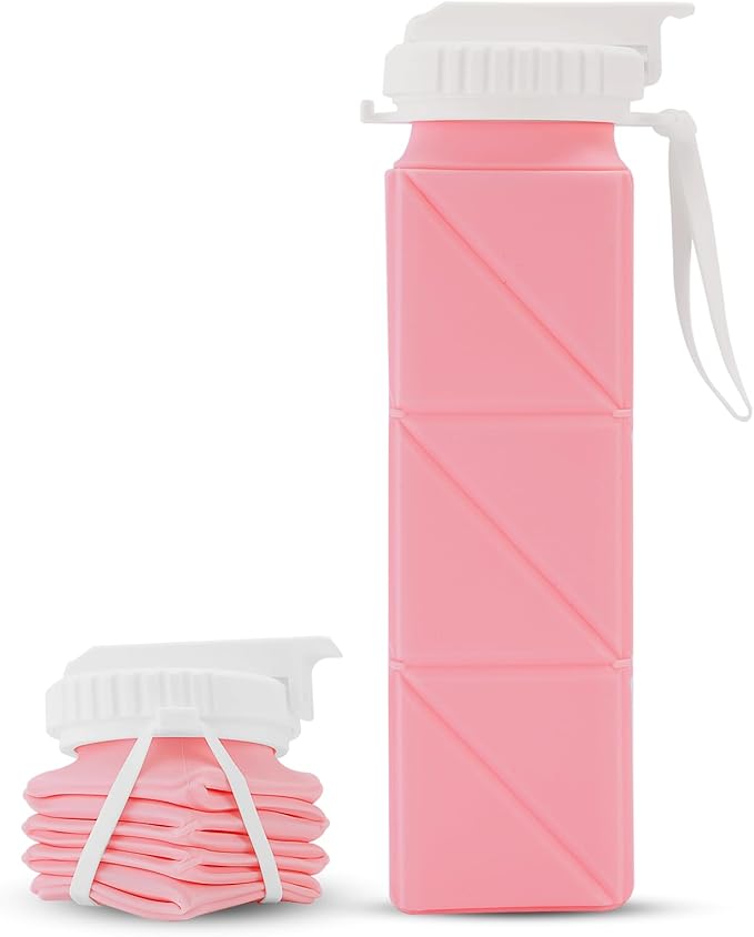 Collapsible Water Bottles 610ml | BPA Free Leakproof Lightweight Foldable Silicon Water Bottles | Twistable Water Cup | for Travel Gym Hiking Outdoor Camping Running Cycling Sports (Pink)