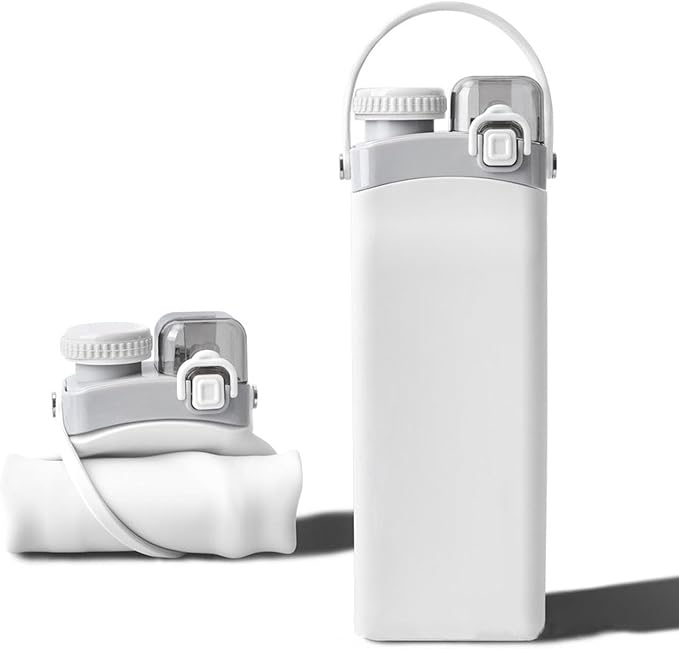 THAIOXYH® Collapsible Water Bottle 20 oz（600ml） Silicone BPA Free Reuseable Lightweight Foldable Water Bottles for Traveling Running Hiking Camping Sports (White)