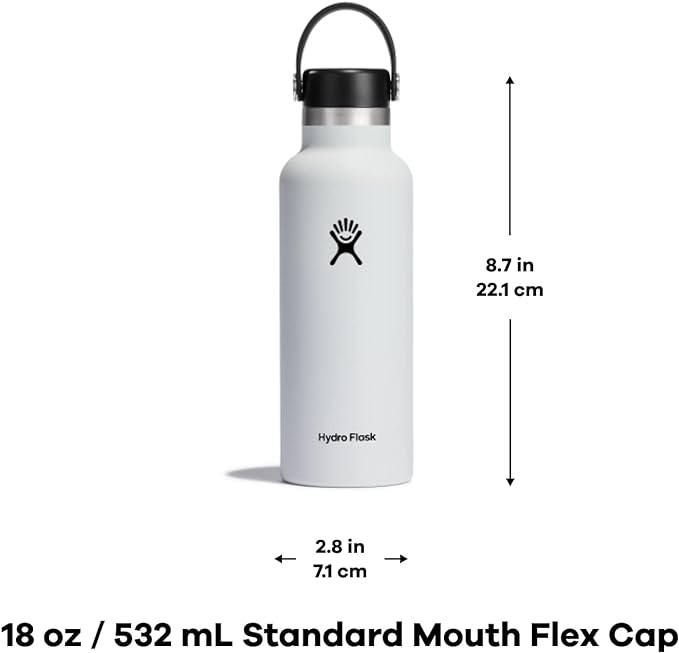 Hydro Flask Stainless Steel Standard Mouth Water Bottle with Flex Cap and Double-Wall Vacuum Insulation