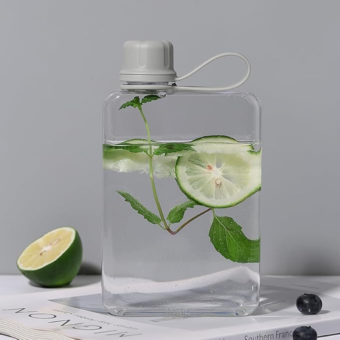 Tritan Transparent Flat Water Bottle samll Water Bottle Slim Square Pocket Bottle Water Flask, BPA Free/Slim Design/Leak Proof Water Bottle for Travel, Outdoor, Sports, Camping (Grey, 500ML)