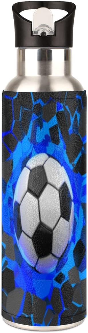 Insulated Stainless Steel Water Bottle with Straw 20oz Blue Black 3d Sport Soccer Football Sports Water Bottles BPA Free Leakproof Metal Vacuum Flask Jug for Kids Gym Fitness