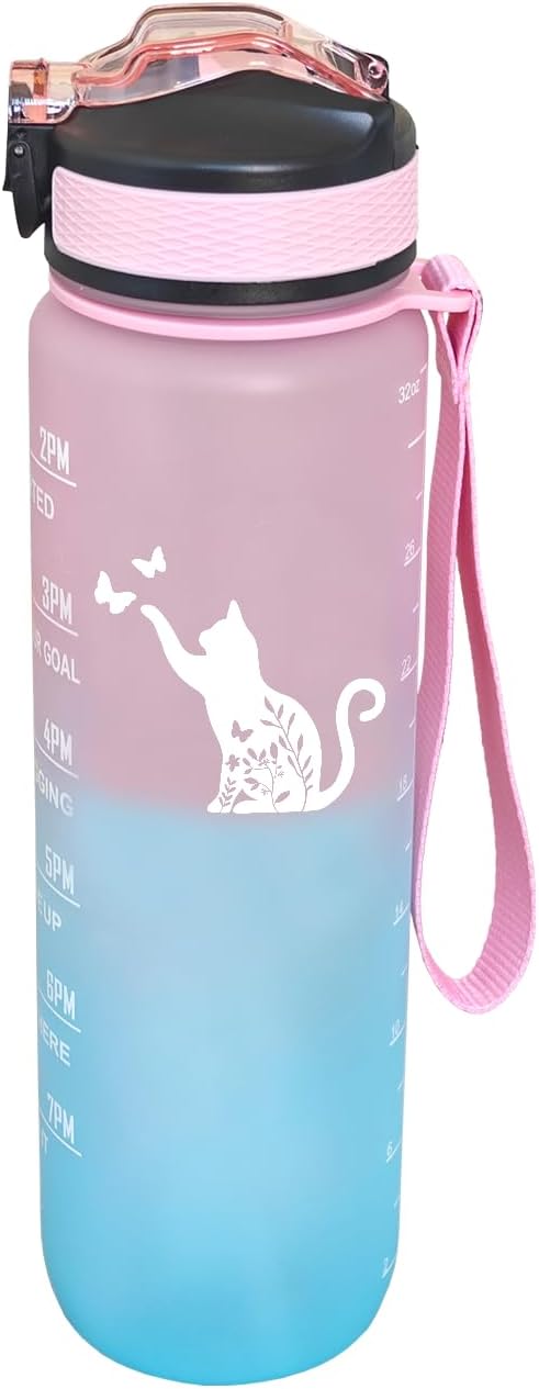 Floral Cat Water Bottle with Straw, Carry Strap, LeakProof, Tritan BPA Free, 32 Oz Motivational Water Bottle with Time Marker to Ensure You Drink Enough Water for Gym Fitness Outdoor