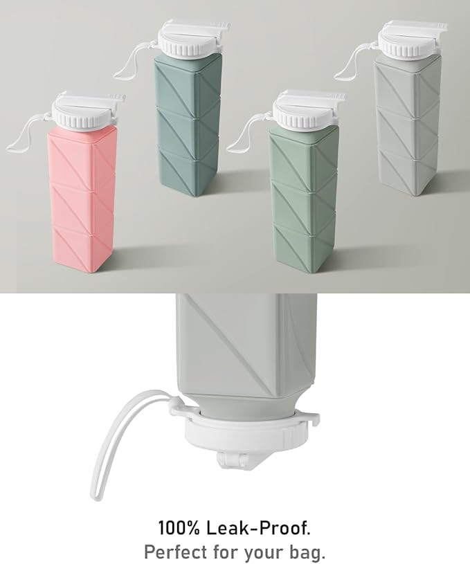 Opard Collapsible Water Bottles 21 Oz - BPA Free, Leak Proof, Foldable Silicone Collapse Water Bottle with Straw, Easy to Compact and Expandable, Travel Essentials Accessories (Grey)